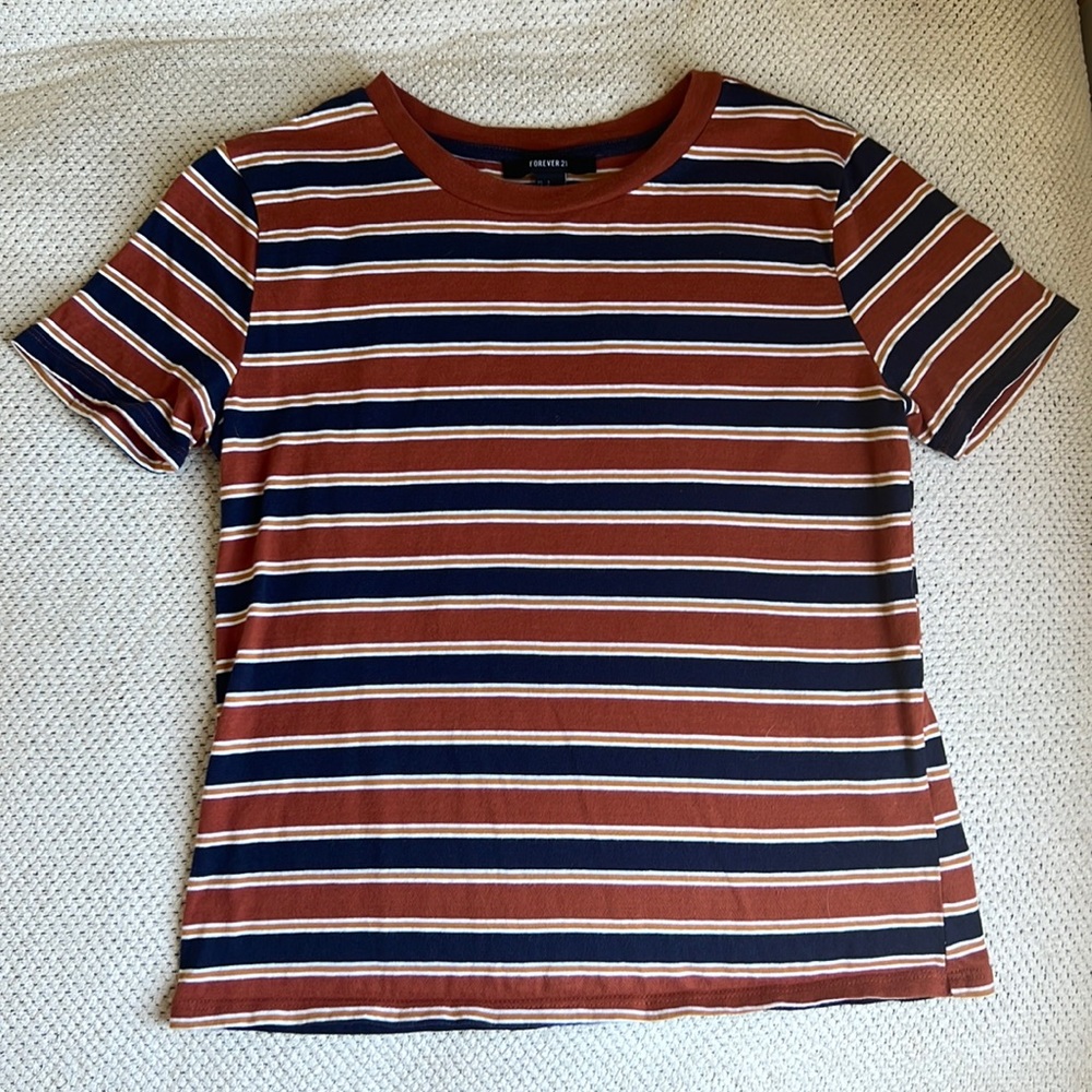 FOREVER 21 Basic Short Sleeve Tee Burnt Orange with Multicolor Stripes